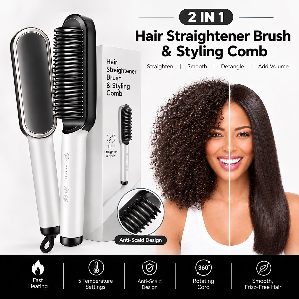 2-in-1 Hair Straightener Brush & Styling Comb – Anti-Scald Ceramic Heated Hair Styler