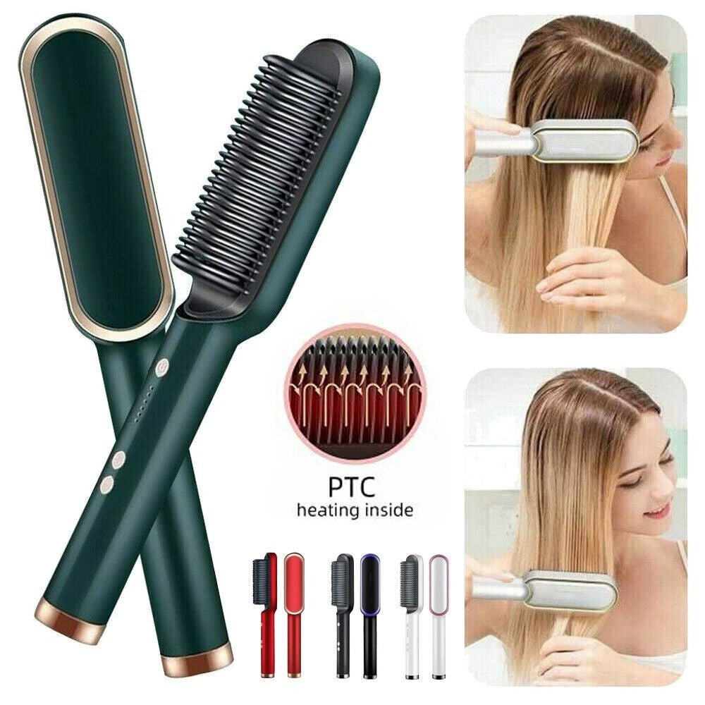 2-in-1 Hair Straightener Brush & Styling Comb – Anti-Scald Ceramic Heated Hair Styler