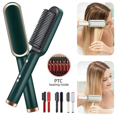 2-in-1 Hair Straightener Brush & Styling Comb – Anti-Scald Ceramic Heated Hair Styler